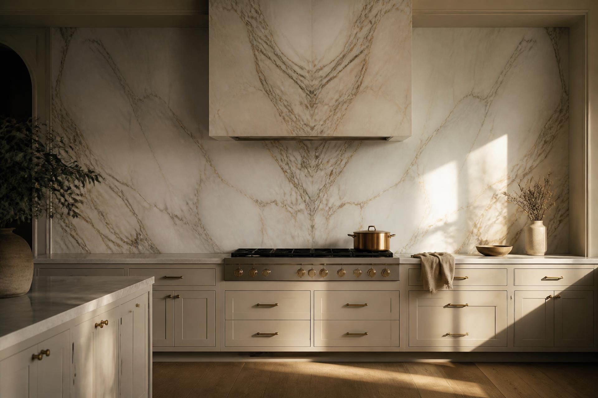 Custom marble-look tile backsplash installed behind a modern range in a New Jersey kitchen